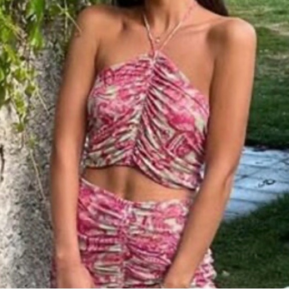 Misa Los Angeles Dalida Top Pink and White Ruched Crop Top